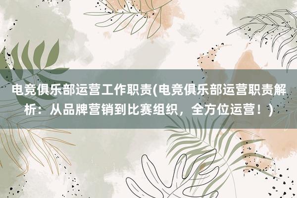 电竞俱乐部运营工作职责(电竞俱乐部运营职责解析：从品牌营销到比赛组织，全方位运营！)